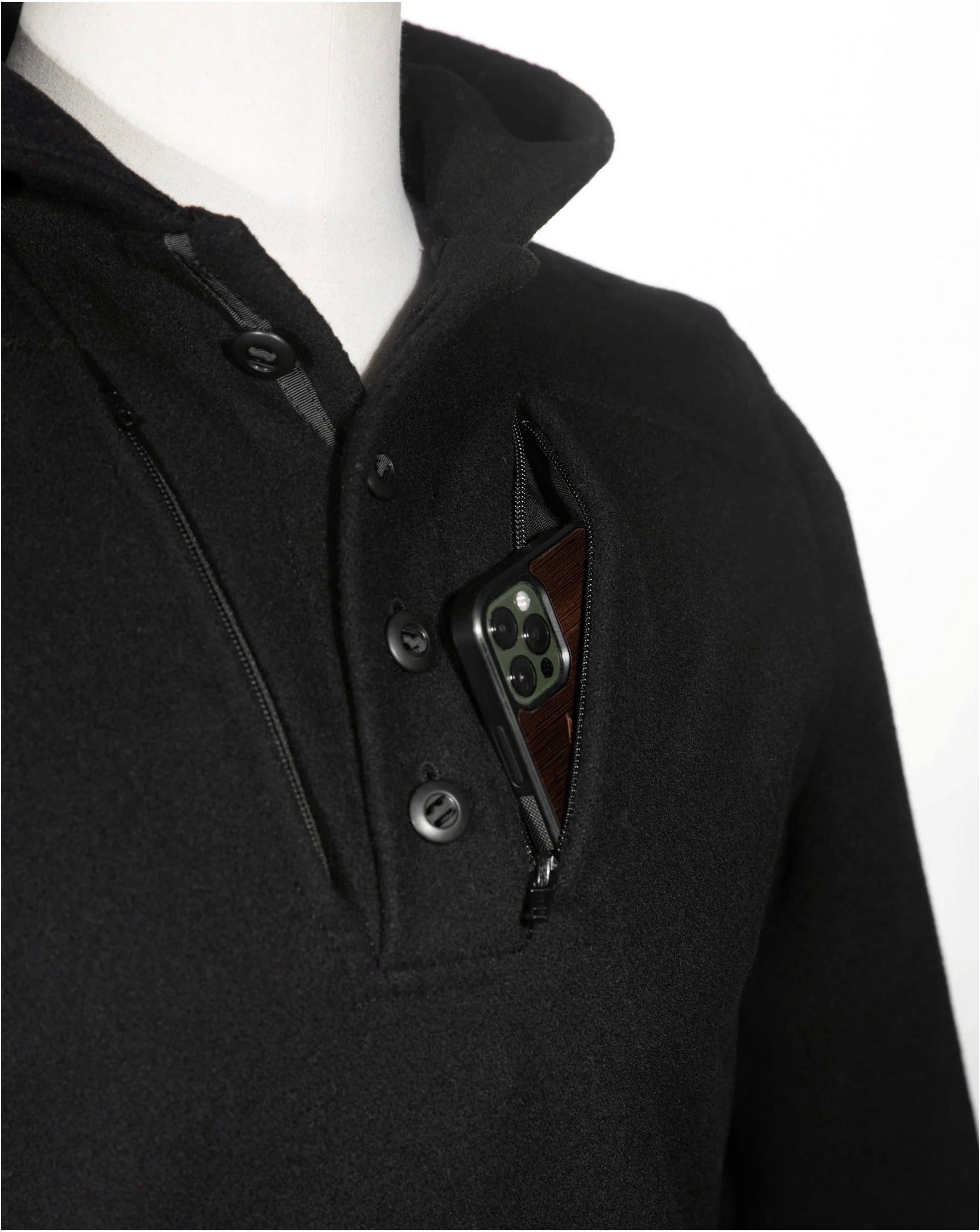 The WeatherWool Al's Anorak has two large cell phone pockets.