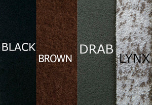 As of 2023, the WeatherWool Color Palette includes Black, Brown, Drab (very similar to Military Olive Drab) and our own Proprietary Lynx Pattern