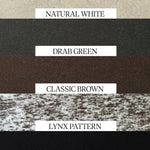 As of 2023, the WeatherWool Color Palette includes Black, Brown, Drab (very similar to Military Olive Drab), Natural White and our own Proprietary Lynx Pattern