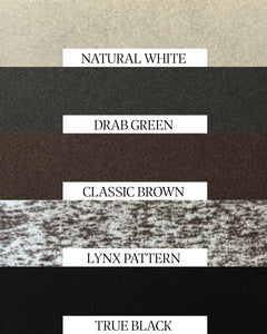 As of 2023, the WeatherWool Color Palette includes Black, Brown, Drab (very similar to Military Olive Drab), Natural White and our own Proprietary Lynx Pattern