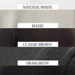 Five knit fabric color swatches stacked vertically with labels reading NATURAL WHITE, KHAKI, CLASSIC BROWN, DRAB GREEN,  TRUE BLACK