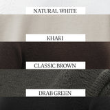 Five knit fabric color swatches stacked vertically with labels reading NATURAL WHITE, KHAKI, CLASSIC BROWN, DRAB GREEN,  TRUE BLACK