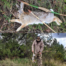 WeatherWool Advisor Bill McConnell is owner of PAST SKILLS School in Montana.  Bill wore a WeatherWool Shirt to hunt this rabbit for dinner with bow and arrow that he made himself.